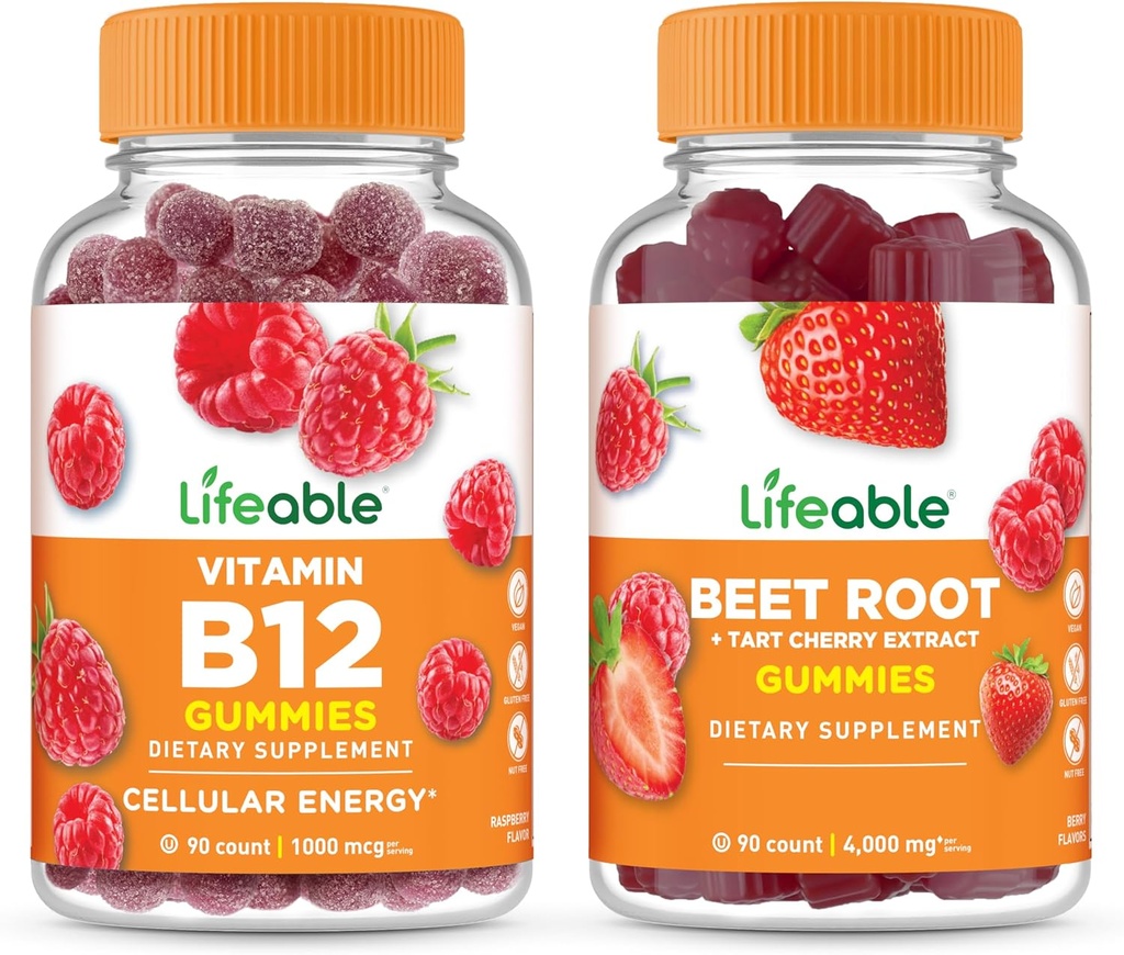 Lifeable Vitamin B12 + Beet Root, Gummies Bundle - Great Tasting, Vitamin Suplement, Gluten Free, GMO Free, Chewable