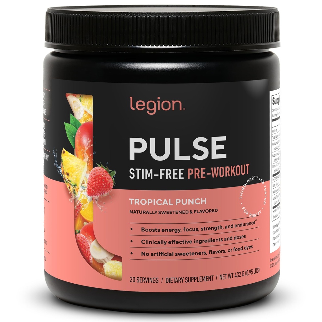 LEGION Pulse Pra Workout Suplemen - Semua Oxide Natural Nitric Preworkwork Minum untuk Boost Energy, Creatine Free, alami Sweetened, Beta Alanine, Citrulline, Alpha GPC (Caffeine Free Tropical Punch)