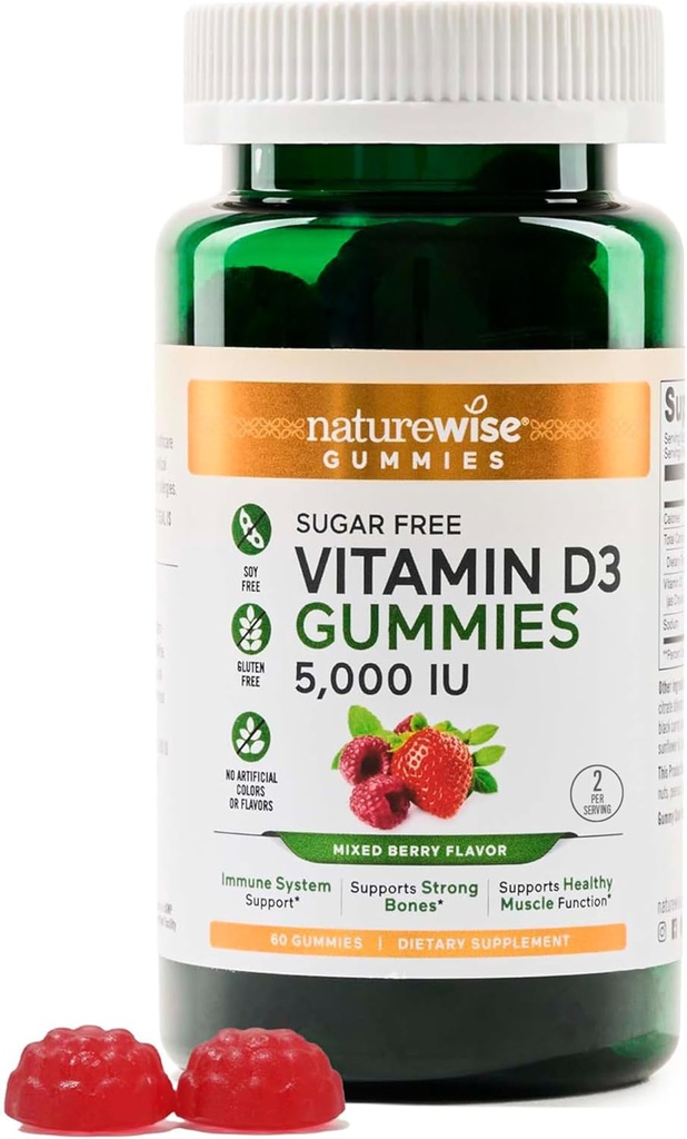 Naturewise Vitamin D3 5000 IU Gummies - Sugar- Free Mixed Berry Flavor - Vitamin D Gumin untuk Dewasa, Mendukung Kebal, Kekuatan Otot & Tulang - Bebas, Non- 60 Gummies [Persediaan Bulan 1]