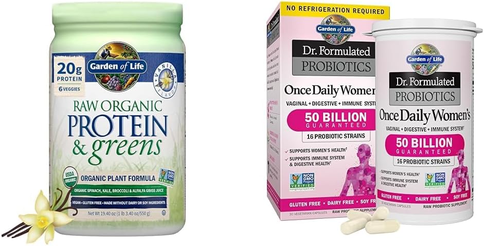 Garden of Life Raw Organic Protein & Greens Vanilla - Vegan Protein Powder for Women & Dr. Formulated Women Progories Sekali Harian, 16 Strains, 50 Milyar, 30 Count