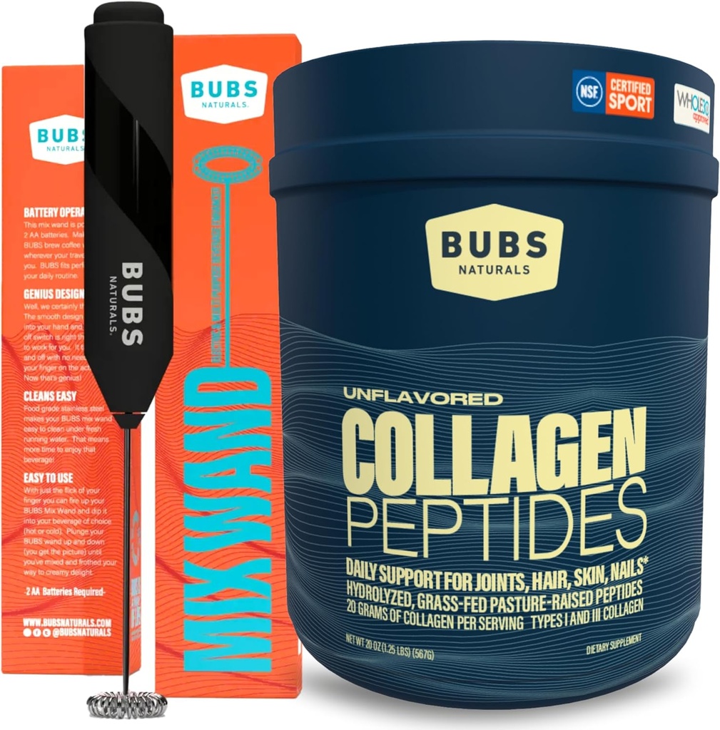 Bubs Compials Collagen Peptides Powder & Mixing Wand Bundle, Collagen for Women & Men, Hydrolyzed Peptides, Unflashed Raised Grass, Keto Friendly, 20 oz Collagen Tub (28 Pelayan) + 1 Wand