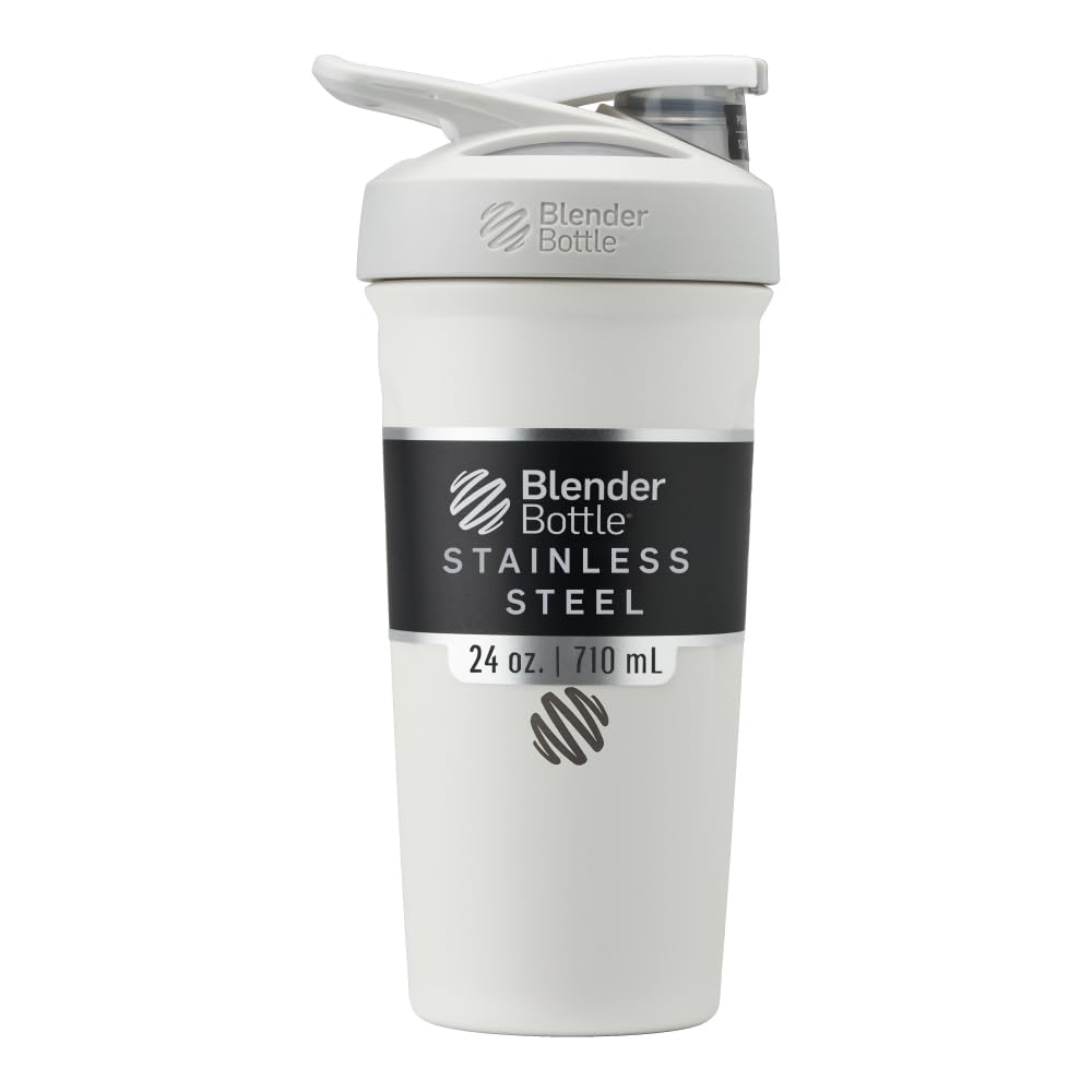 BlenderBottle Strada Shaker Cup Insulated Stainless Steel Water Bottle with Wire Whilk, 24- Ounce, White