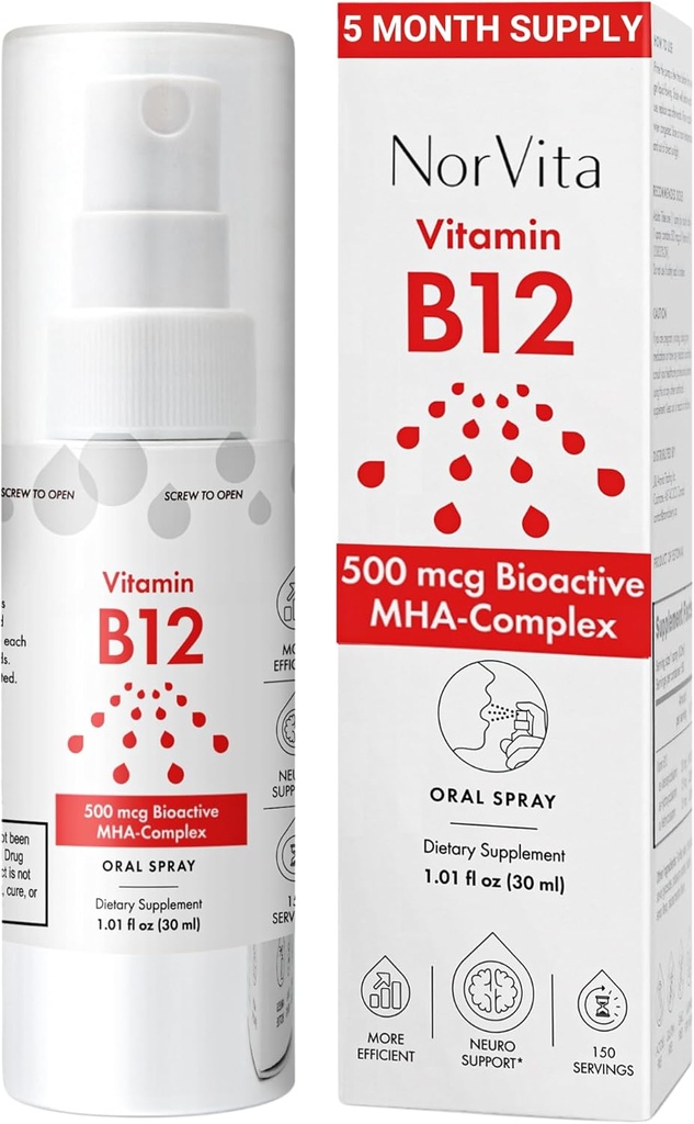 Vitamin B12 Spray 500 mcg (150 pelayan) - Quick Absorpsi MHA Complex (Methylcobalamin, Hydroxycobalamin, Adenosycobalamin) - Vegan, Non-GMO, Liquid B12 Suplemen