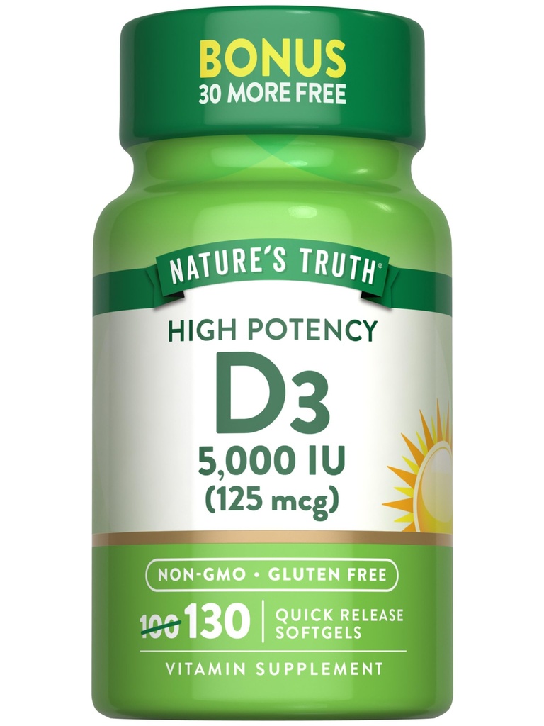Nature 's Truth Vitamin D3 5000 IU Softgeels 126; 130 Count 124; High Potency 14; Non-GMO & Gluten Free Supplemen
