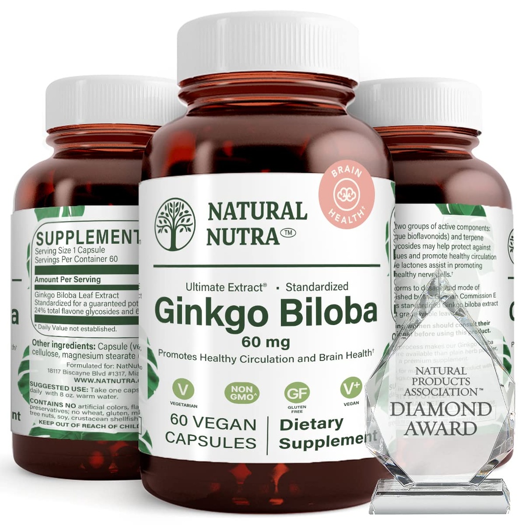 Natural Nutra Ginkgo Biloba, Improve Circulation to The Brain and Boosts Memory, Increases Oxygen Flow, and Enhancing Brain Function, Dukung Nerve Health, Vegan dan Gluten Free, (60) Capsules