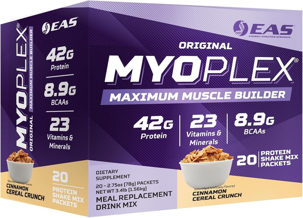 EAS Experimental and Applied Sciences Original Myoplex Maximum Muscle Builder, Meal Replacement Protein Drink Mix 126; Quality Protein Blade 124; 42g Protein 124; 20 Individu Packet (Cinnamon Cereal Crunch)
