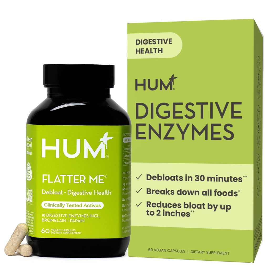 HUM Flatter Me Digeptical Enzymes for Women, Digetical Health Bloating Suplement with Ginger & Peppermint Leaf, Fast Acting Anti Bloat Pills Multi Enzyme for Debloating, Vegan, 60 Capsules
