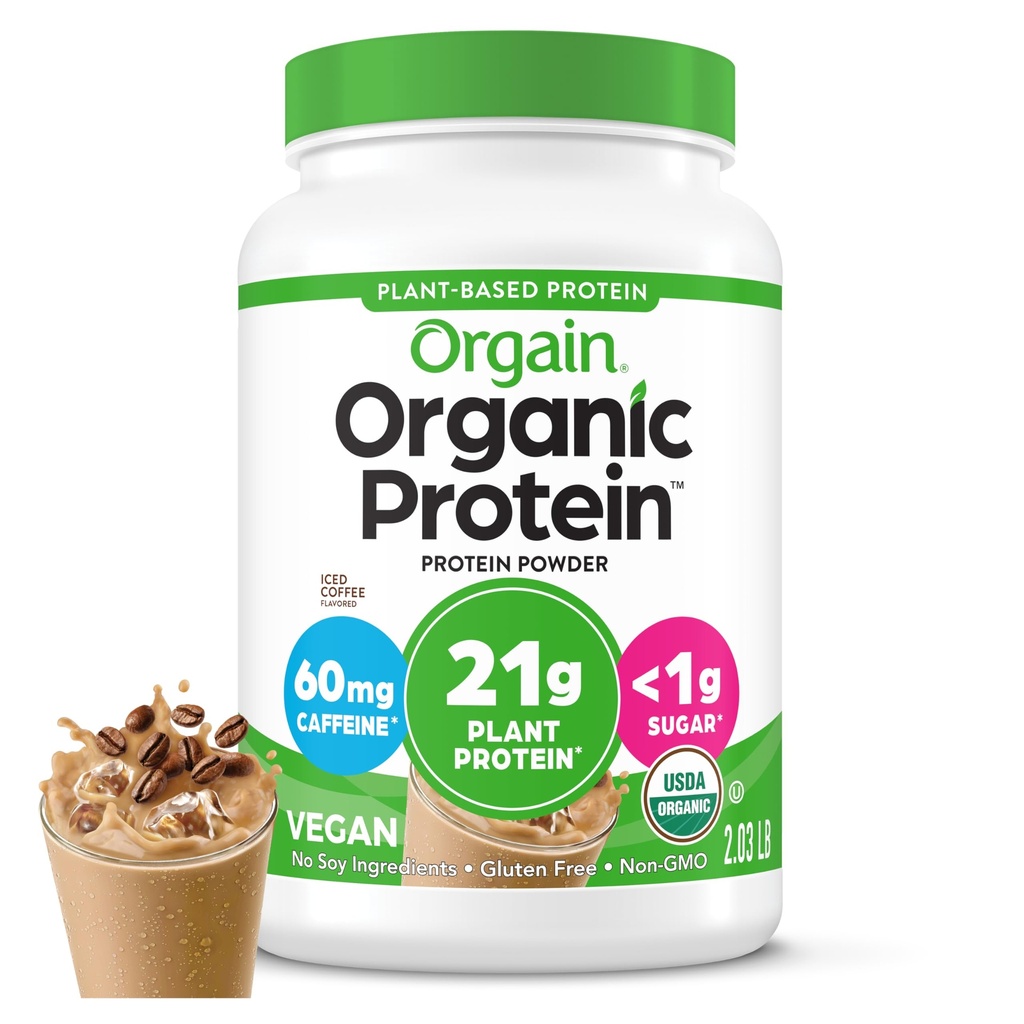 Orgain Vegan Powder Organik, Iced Coffee - 21g Plant Protein, 60mg of Caffeine, Low Net Carb, No Laktosa Ingredials, No Ditambahkan Sugar, Non-GMO, For Shakes & Smoothies, 2.03 lb