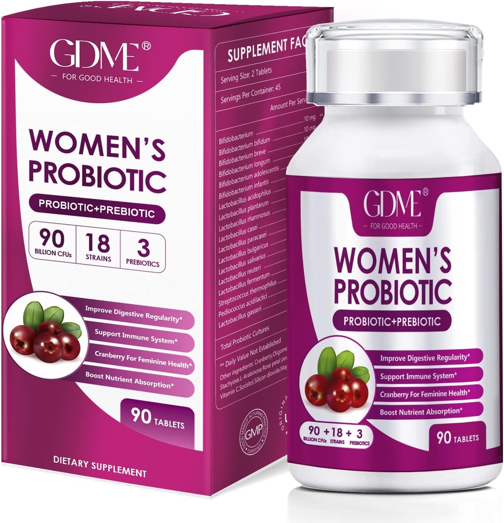 GDME Women 's Progories, 90 Tablet 90 Milyar CFU 18 Strains, Berisi Organik Prebiotic Cranberry, Probiotic Suppplemen untuk Divalry, Imunitas, Kesehatan Wanita, Soy Gluten Dairy Free