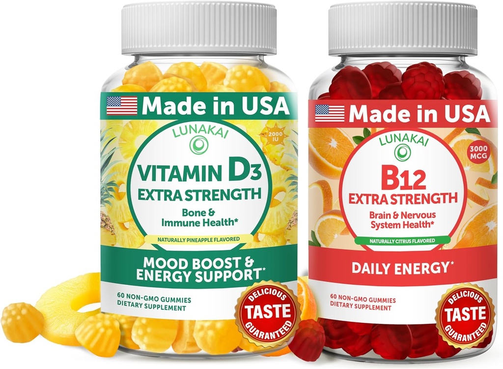 Lunakai Vitamin D3 dan Vitamin B12 Gummies Bundle - Imunitas, Bone dan Mood Dukung VIT D3 2000IU Supplemen - 3000mcg Methylcobalamin High Absorpsi Energi Gummy - 30 Hari Tambahan