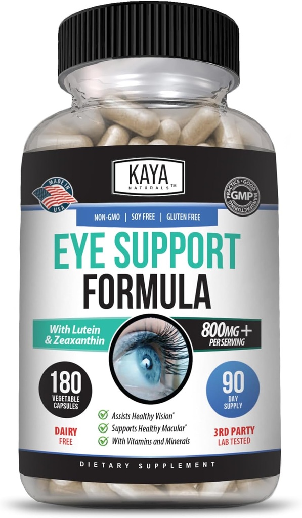 Suplemen Kesehatan Mata Kaya - Lutein & Dalxanthin - Pendukung Mata Strain, Mata Kering, dan Kesehatan Vision - 800mg Vitamin Suplemen - 180 Count