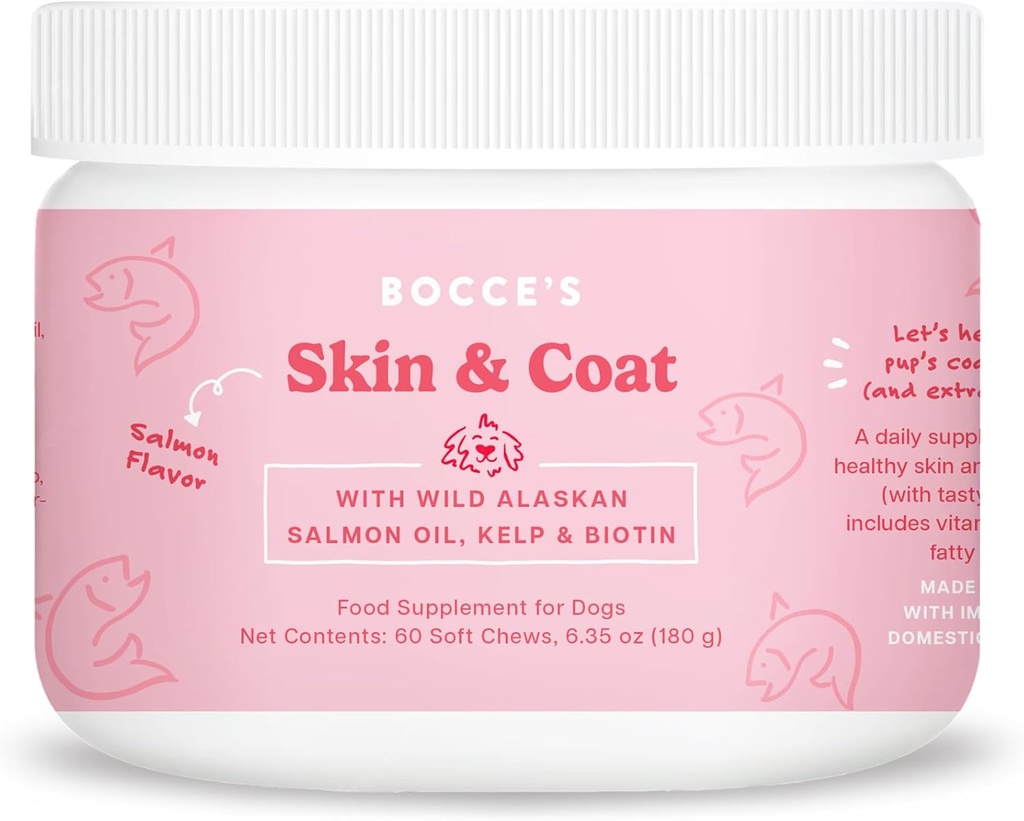 Bocce Bakery Skin & Coat Supplement for Dogs, Daily Chews Made in The USA with Vitamin E & Estiventy Fatty Acids, Support Heally Skin & Coat, Salmon, 60 ct, Red (DG- SKIN60)