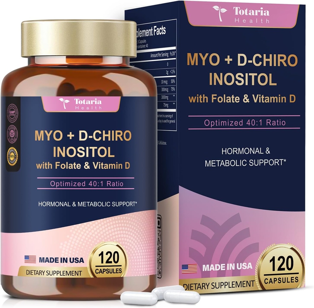 Totaria Inositol Suplemen - 3075mg Myo- Inositol & D-Chiro Inositol Capules Plus Vitamin D3, Faint, Ideal 40: 1 Rasio - Keseimbangan Hormonal untuk Perempuan & Ovarium * Dukungan 124; Vegan, Non GMO - 120 Caps