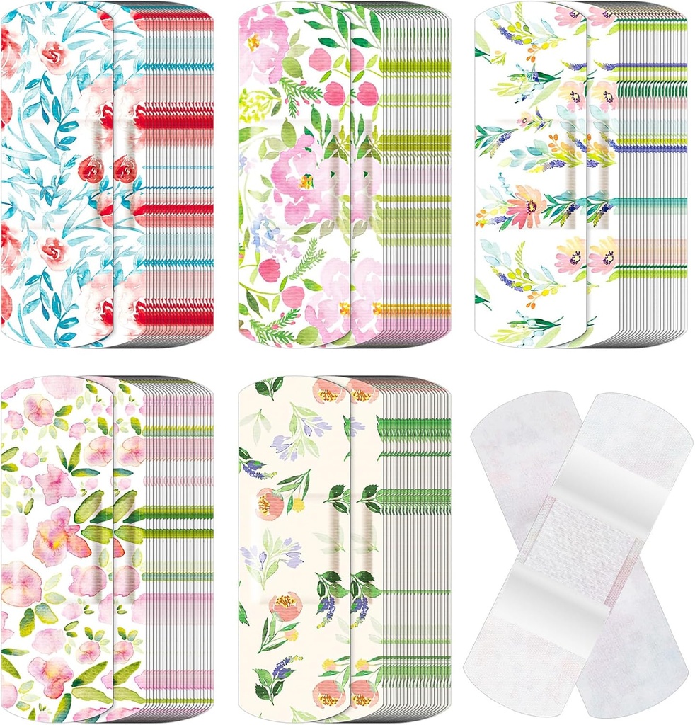 120 Pcs Fabric Adhesive Flexiable Bandages Bulk Berwujud dan Pola Kecil Kembang Fabric Kecil dengan Non Stick Pad 3 x 1 Inch untuk Cuts Weund Scrapes Women (Bunga)