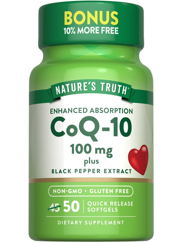 Nature 's Truth CoQ10 100mg 124; 50 Softgeels 124; Plus Black Pepper Extract 126; Non-GMO dan Gluten Free Supplemen