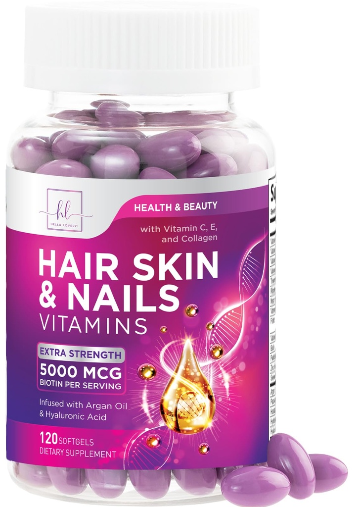 Rambut, Skin & Nails Vitamin untuk Perempuan - Biotin 5000mcg untuk Mendukung Perkembangan Rambut dengan Minyak Argan, Collagen & Acid, Indah, Skin Lebih Kuat, Rambut & Nails Vitamin Tambahan - 120 Softgels