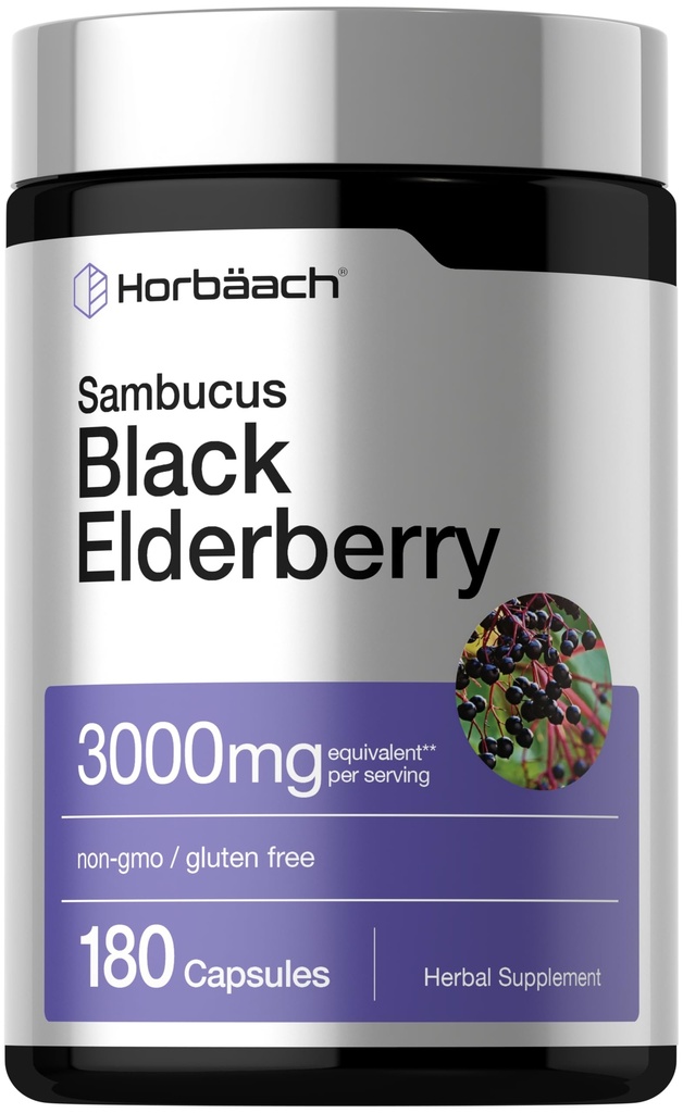 Horbäach Black Elderberry 124; 3000mg Capsules 124; 180 Count 124; Non- GMO, Gluten Free 124; Sambucus Ektraksi Suplemen