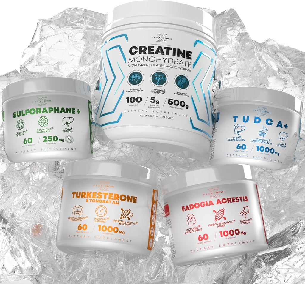Bundle - Turkesteron & Tongkat Ali + Fadogia Agrestis + Creatine + Sulforaphane + TUDCA - Boost Stamina, Pertumbuhan Otot, Kesehatan Hati, Fungsi Kognitive & Detox - Dibuat di Amerika Serikat