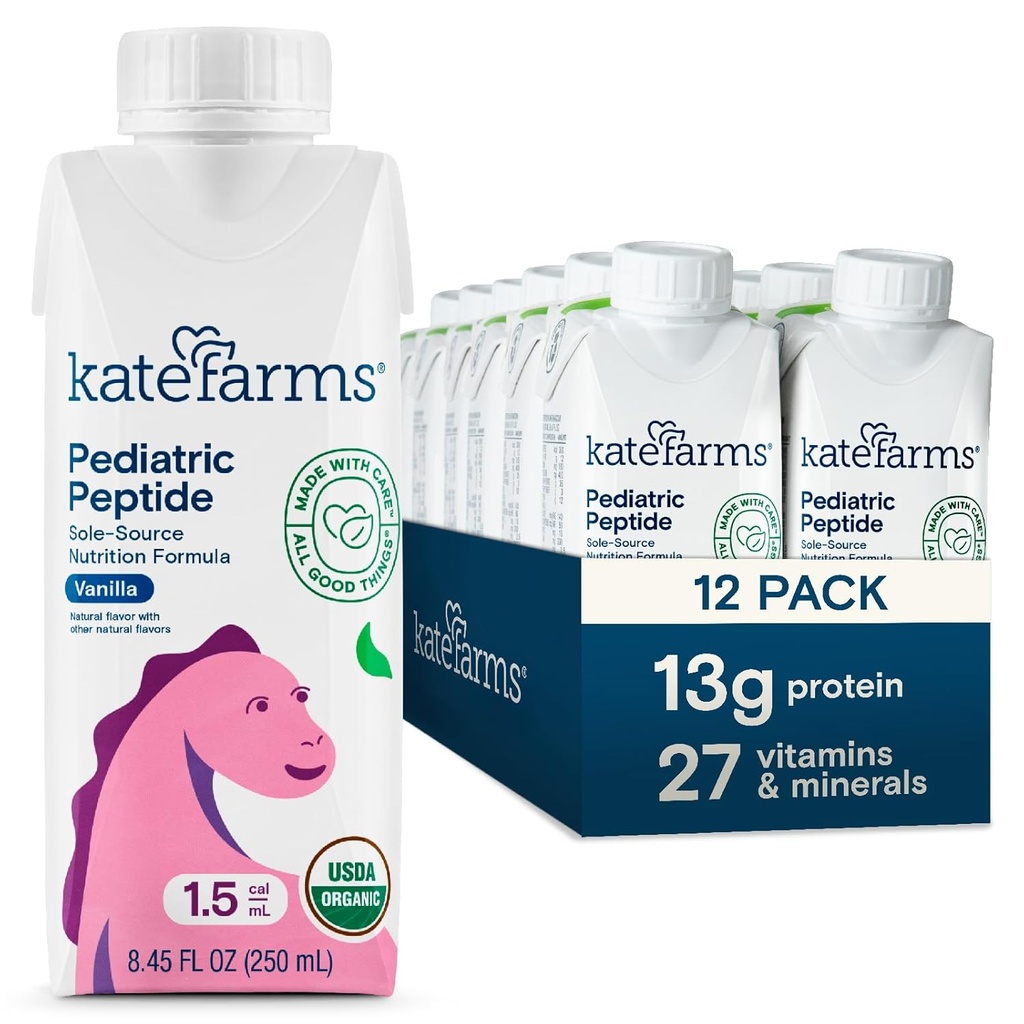 Kate FARMS Organik Pediatric Peptide 1.5 Formula, Vanila, Sole-Sole Hydrolyzed Plant - berbasis Nutrition untuk Oral atau Pipa Feeding, 8.45 oz (12 pack)