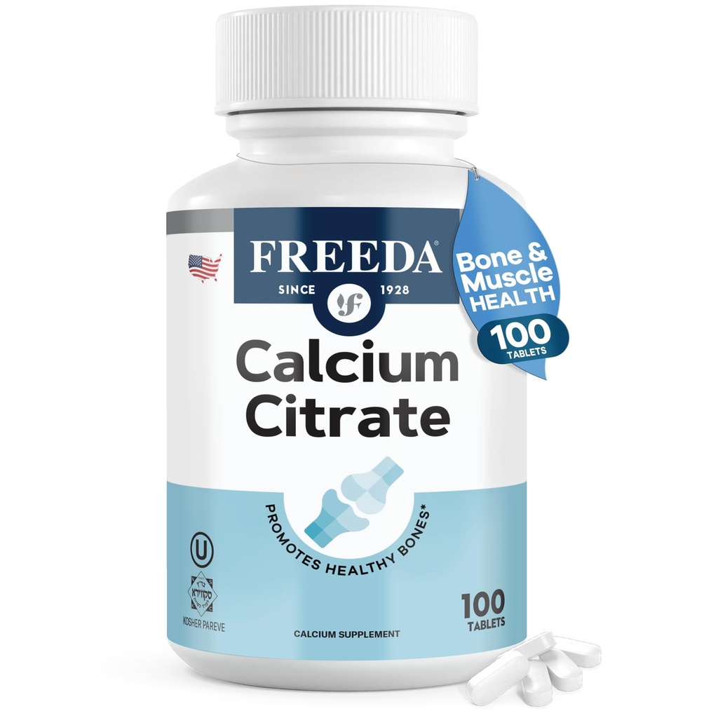 Freeda Calcium Citrate - Kosher Vegan Bone Strongth Suplement - Support Bone Density & Muscle - Calcium 100mg per Serving - No Added Vitamin D - (100 Tablet)