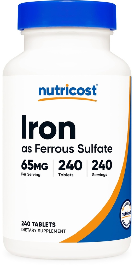 Nutricost Iron (As Ferrous Sulfate) 65mg, 240 Tablet - Non- GMO, Gluten Free