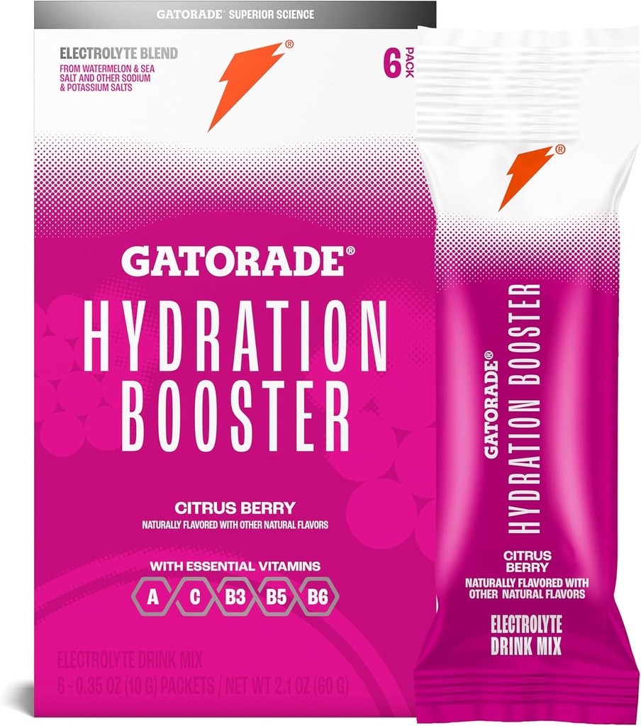 Gatorade Hydration Booster Electrolyte Drink Mix Powder Pawkers, Citrus Berry, Advanced Electrolite Blast, No Added Colors, No Artificial Sweeteners, Escuble Vitamin A, C, B3, B5, B6, Makes 20 Fl Oz, (6 Pack)