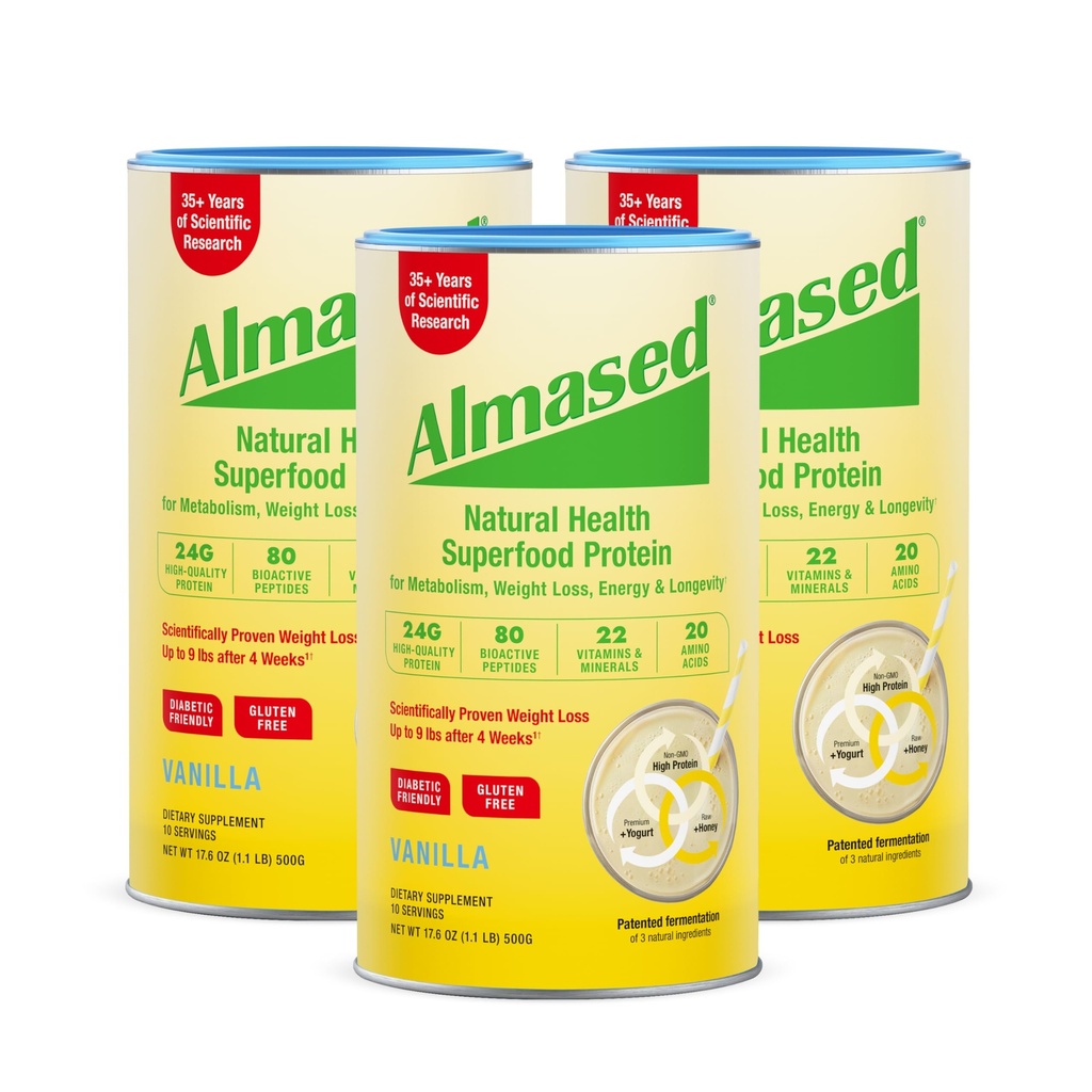 Almased Vanilla Meal Replacement Shake - Lower-Glycemic High Plant Base Protein Powder - Nuthering Weight Suplemen Kesehatan - Vanilla Flavor - 17.6 oz (1.1 Pound (3 Pack))