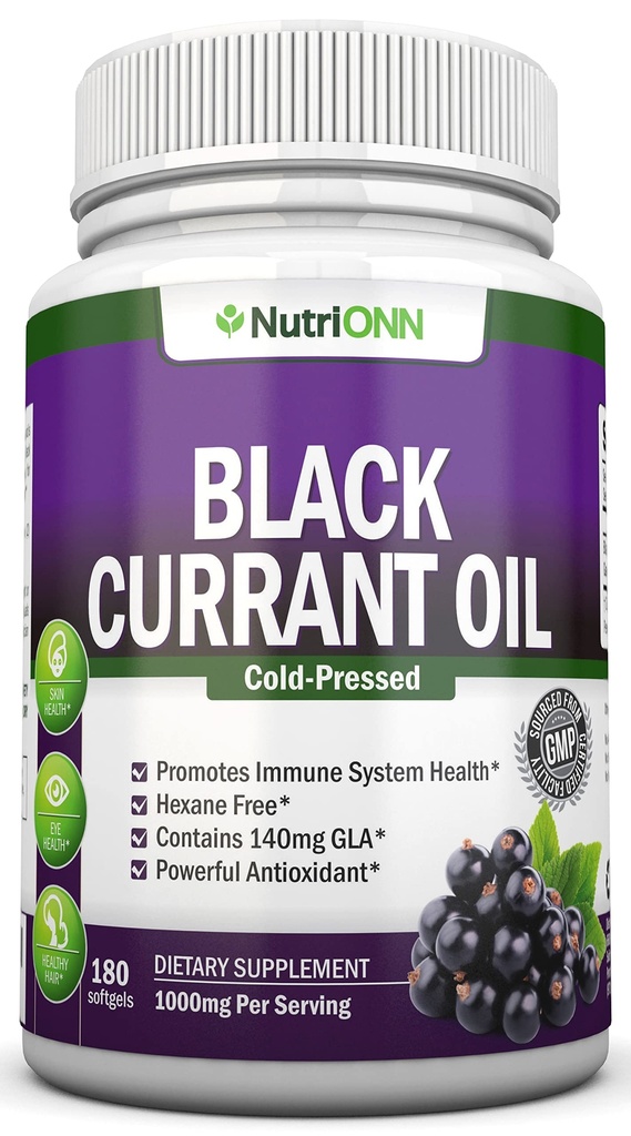 Minyak Currant Hitam - 1000 Mg - 180 Softgels - Cold- Dipressed Pure Black Currant Oil - Hexane Free - 140mg GLA Per Serving - Regulates Hormonal Keseimbangan - Great For Immune System, Rambut dan Skin
