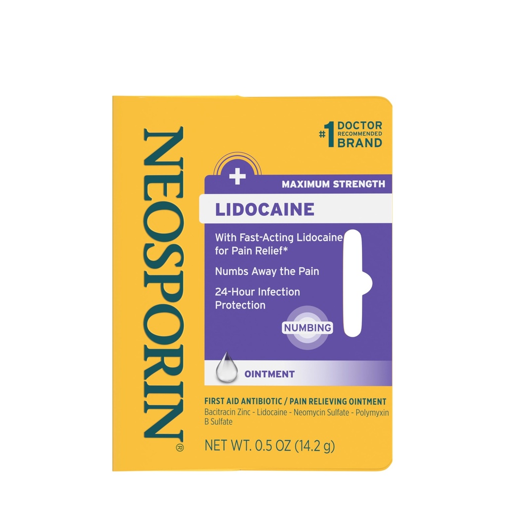Neosporin + Lidocaine Aid Antibiotic Oquis, Maximum Power & Fast- Acting Topical Pain Reliever, 24- Hour Infeksi Protection that Numbs Away The Pain, Basitrasin Zinc, 0.5 oz