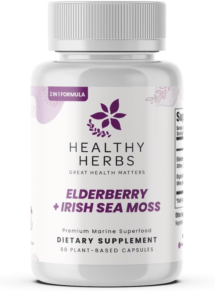 Healthy Herbs Wildmade Elderberry Sea Moss Capsules 124; 2600mg Irish Sea Moss + Elderberry Essentials Blend 124; US- Made, Vegan, Non- GMO, Easy- Swallow (60 Capsules)