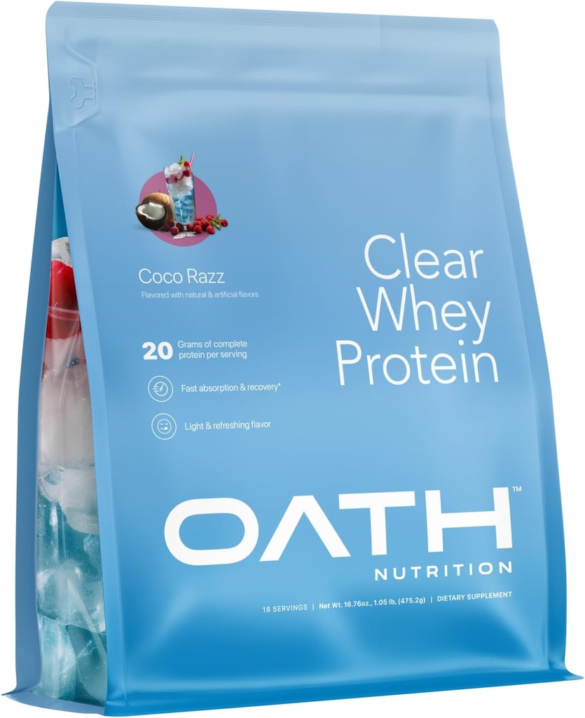 Oath Nutrition Clear Whey Isolate Protein Powder, Coco Razz, 20g Complete Protein per Serving, No Added Sugar, Grass- Fed, 18 Servings