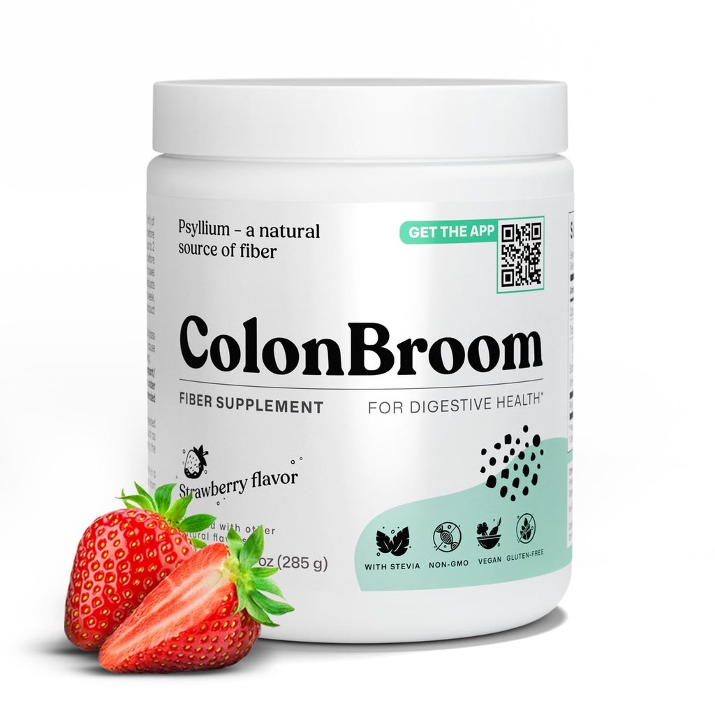 ColonBroom Psyllium Husk Powder (Strawberry) - Colon Cleanse for Bloating Relief & Gut Health - Colon Broom Fiber Powder Drinder - Vegan, Gluten Free, Non-GMO Fiber Qupder Suplemen, 50 Serbu