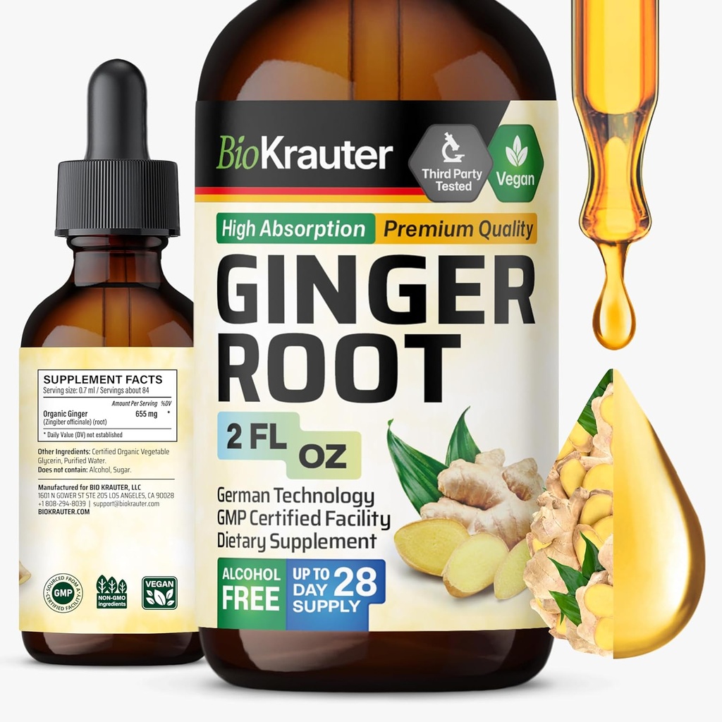 BIO KRAUTER Ginger Root Extract - Suplemen Ginger Alam untuk Overall Wellness - Alkohol dan Gula Free - Vegan Drops 2 Fl.Oz.