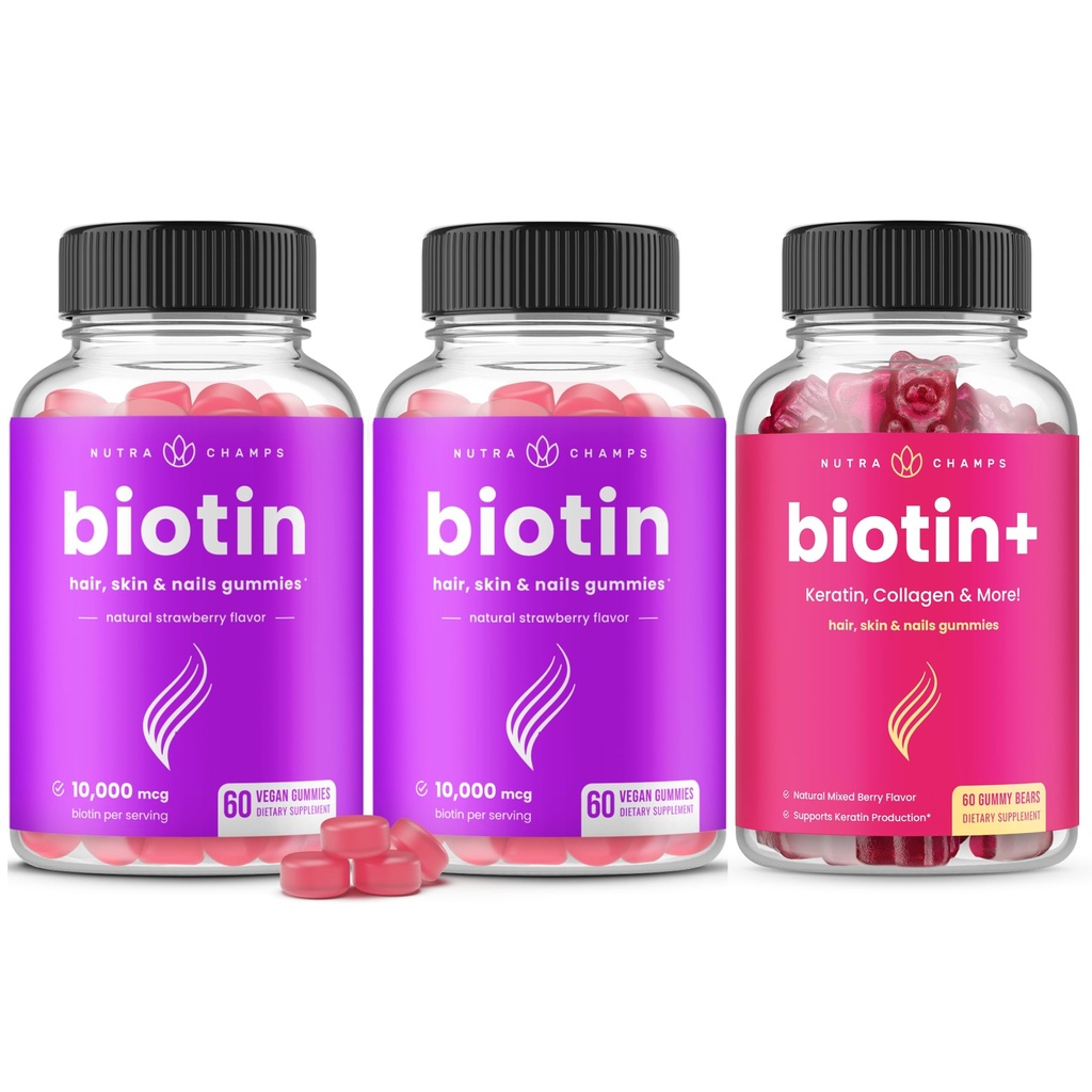 NutraChamps Complete Biotin Bundle for Hair, Skin & Nails. 2 Pack Biotin & Biotin +