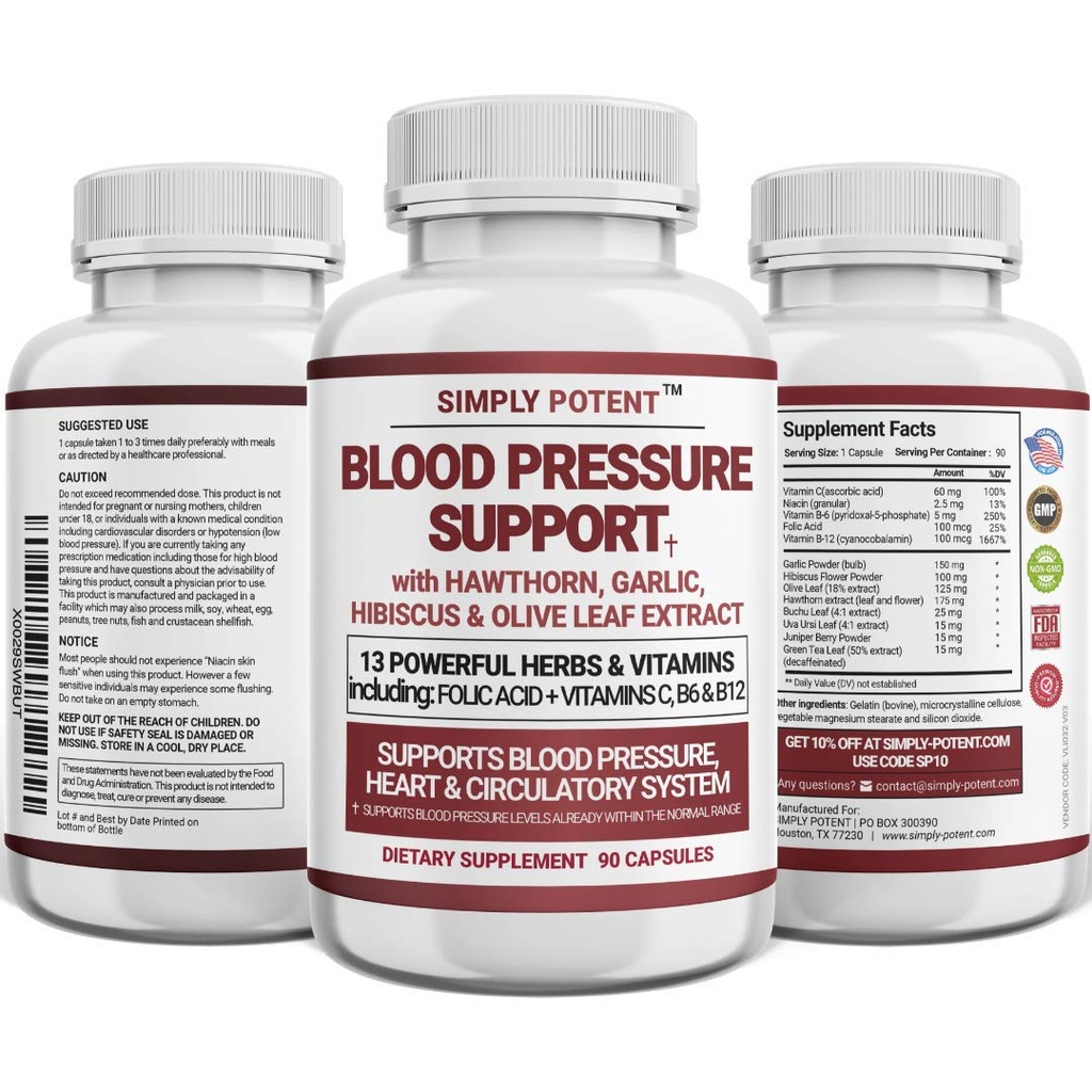 Suplemen Dukungan Tekanan Darah - Hati Sehat, Cholesterol, Cardio, Hipertensi, BP Tinggi - 13 Vitamin & Herbs - Acid Folic, Vitamin C B6 & B12, Hawthorn Olive Leaf Hibiscus, 90 Capsule