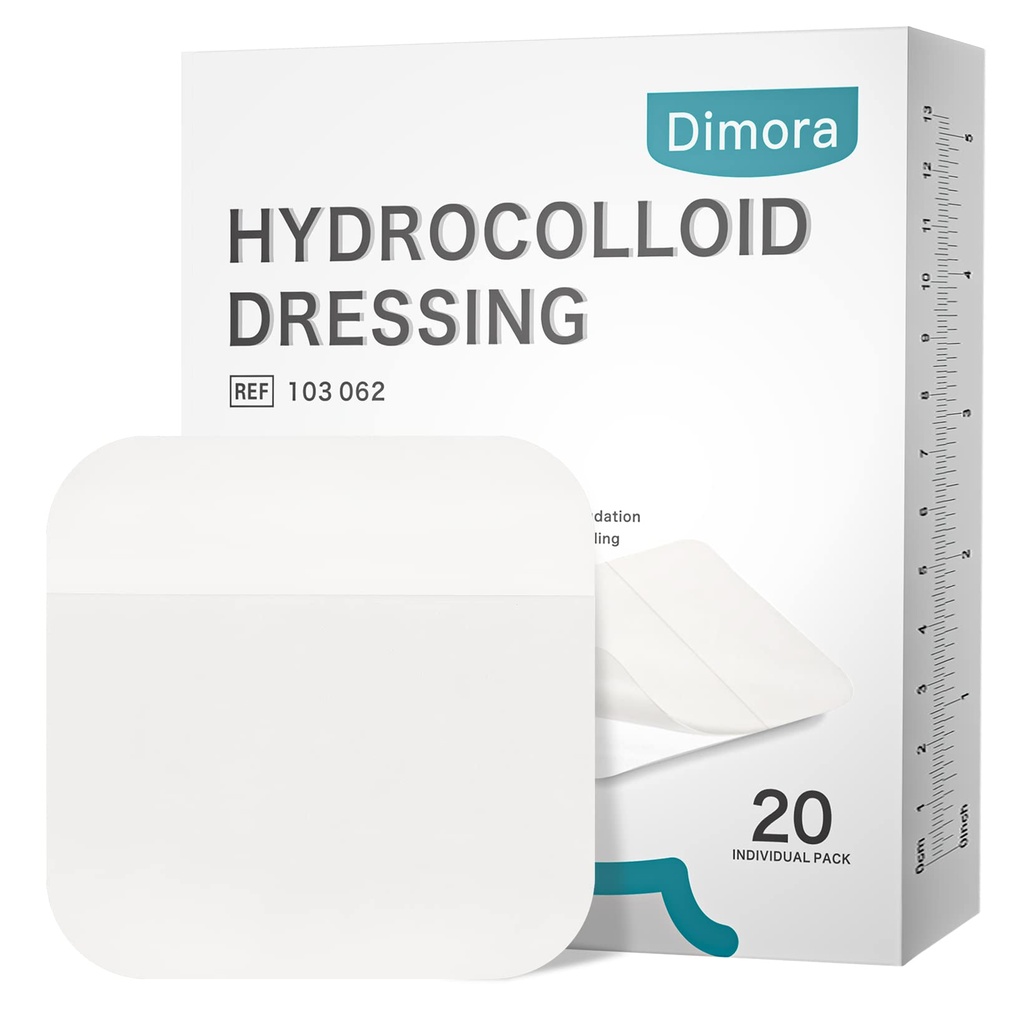 Dimora 20 Pack Hydrocolloid Wound Dressing, Ultra Thin 4 "x 4" Large Patch Bandages with Self-Adhesive