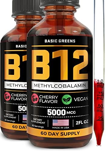 Vitamin B12 Sublingual Liquid Drops 5000 mcg - Vegan Metil B12 Tambahan Energi & Focus - B 12 Vitamin untuk Perempuan & Pria - Cepat Absorpsi Methylcobalamin - 120 quid oz