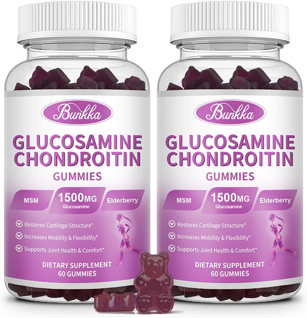 2 Pack Glucosamin Chondroitin Gummies Ekstra Kekuatan w / MSM, Elderberry, Hyaluronic Acid- Dukungan Bersama Dikunyah untuk Perempuan, Pria, Dewasa-Antioksidant Dukungan untuk Comfort & Mobilitas Gabungan