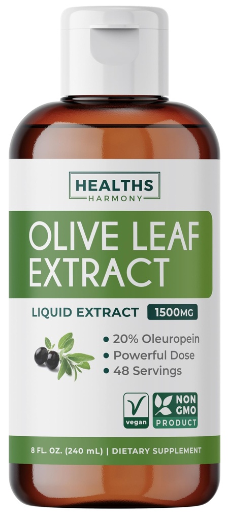 Zaitun Leaf Extract (Non-GMO) Super Kekuatan: 20% Oleuropein - 1500mg - Vegetarian - Ammune Suplemen Dukungan, Kesehatan Kulit, dan Supplemen Antioksidan Kuat - Ekstrak Liquid - 8 Fl Oz