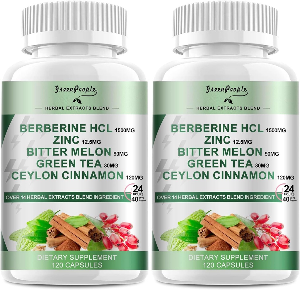 Tambahan Berbersin Hijau dengan Cinnamon Ceylon - 120 Count Berberine 1500mg BerCL Capsules dengan Bitter Melon / Artichoke Extracts & Natural Herbs untuk Imune Dukungan 2 Pack