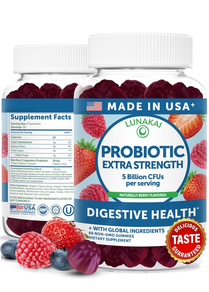 Lunakai USA Made Probiotic Gummies - 5 Milyar CFU, Vegan, Non- GMO, Gluten- Free - Digetical & Imune Dupport for Women & Men - 60 Chewable Gummies