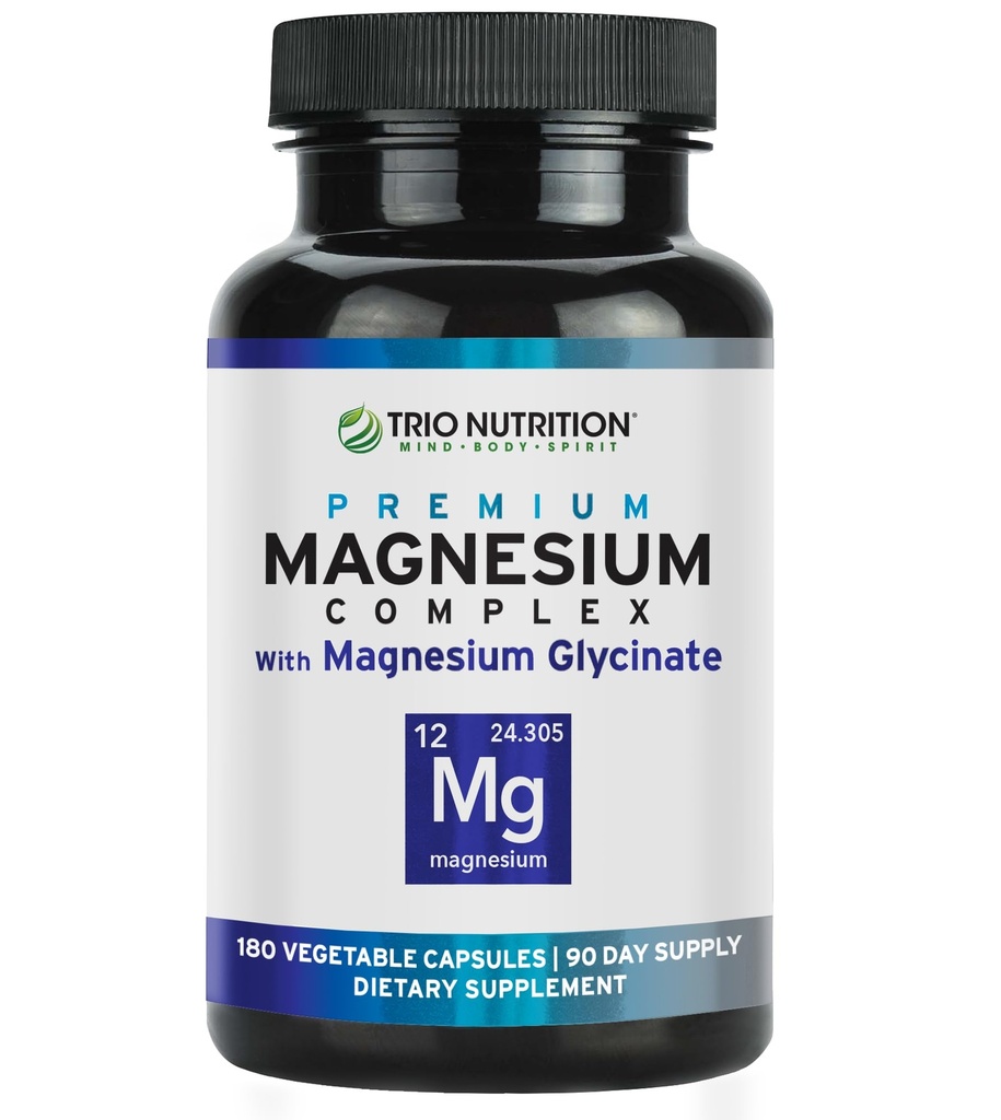 Trio Nutrition Magnesium Complex 90 Day Supply 420 mg = 124; Calm Natural, Relax, Stress Relief, and Muscle Recovery 124; Magnesium Glycinate Supplemen Vitamin B6 for Rapid Absorpsi *