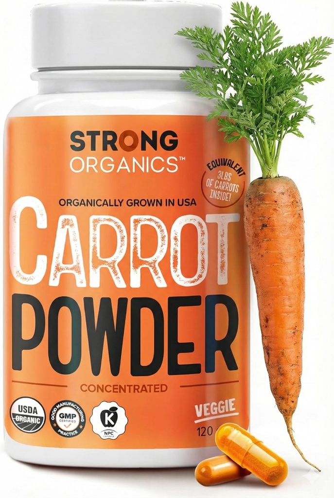 USDA Organic Carrot Powder Capsules (120), Grown in USA, Eye Dups, Beta Carotene, Vitamin A, Carotenoid, Antioksidan, 106 ° F Max, Vegan, Kosher- 2 Bulan Supppply
