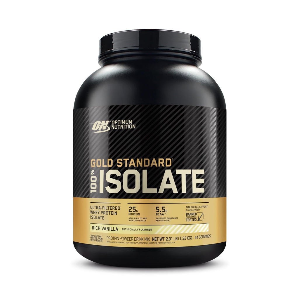 Optimum Nutrition Gold Standard 100% Isolate, Protein Powder, Rich Vanilla, 2,91 Pounds, 44 pelayan. Whey Protein Isolate (Packaging May Vary)