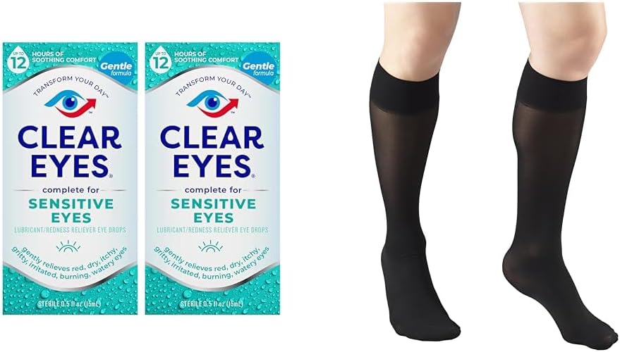 Clear Eyes Sensitive Eye Drops 2 Pack & Truform Sheer Compression Stockings Women 's Knee High 20 Denier Black Medium