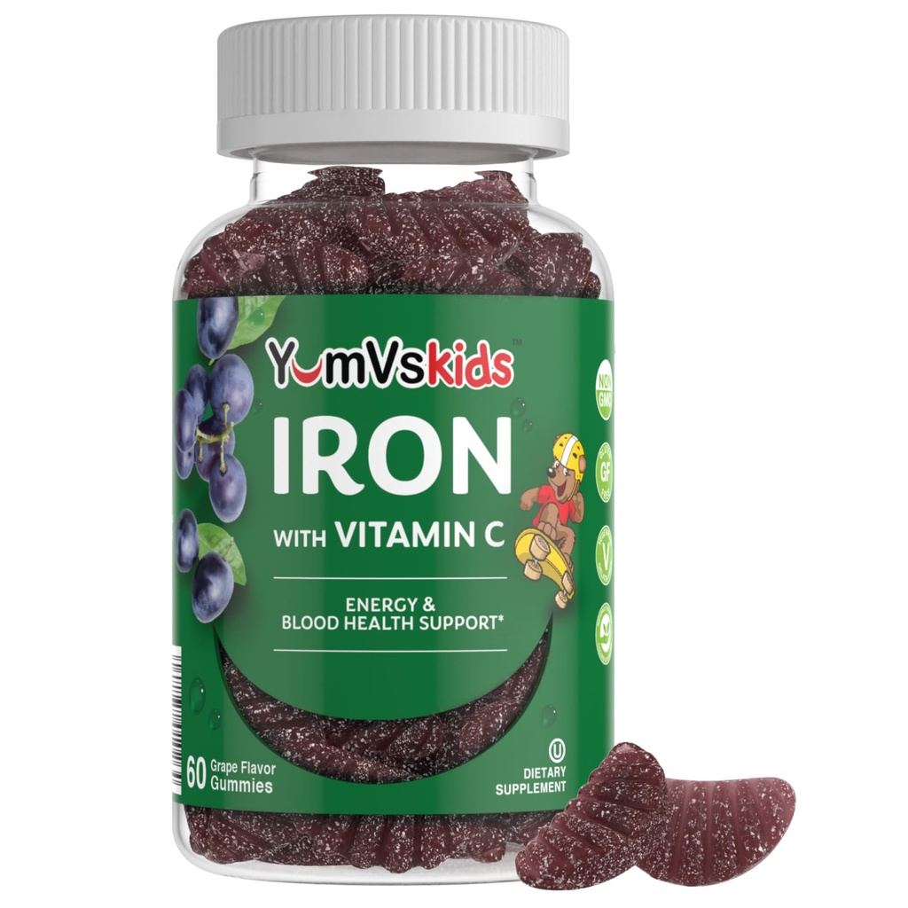 Tambahan Besi untuk Anak-Anak - 5 mg Anak-Anak Gummies dengan Vitamin C - Great- Tasting Gummies Grape Flavor - Dukung Kesehatan Kebal & Membantu dengan Defisiensi Besi - Vegan, Kosher, Non-GMO - 60 Count
