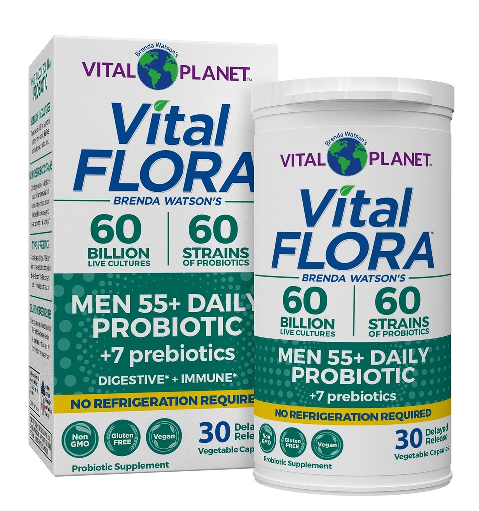 Planet Vital - Vital Flora Men Lebih dari 55 Daily Probiotic, 60 Milyar CFU, Strains Diverse, Organik Prebiotik, Dukungan Imune, Digetical Health Shelf Stable Progories untuk Pria, 30 Kasules