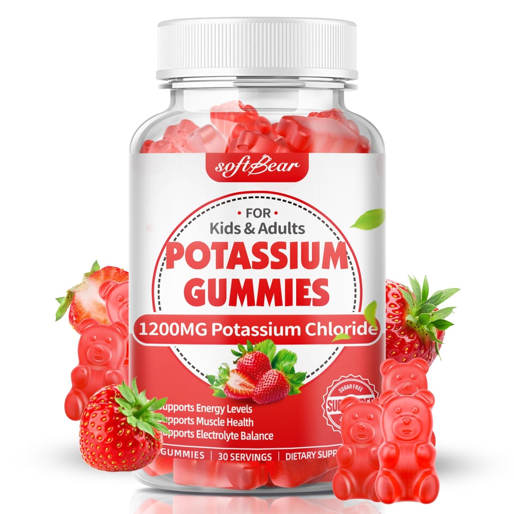 S0Tbear Potasium Gummies untuk Dewasa, Sugar Free Potasium Chloride 1200mg Dukung Kram Leg & Electrolite Keseimbangan Tinggi Potensi Tambahan, Strawberry Flavor 60 Count