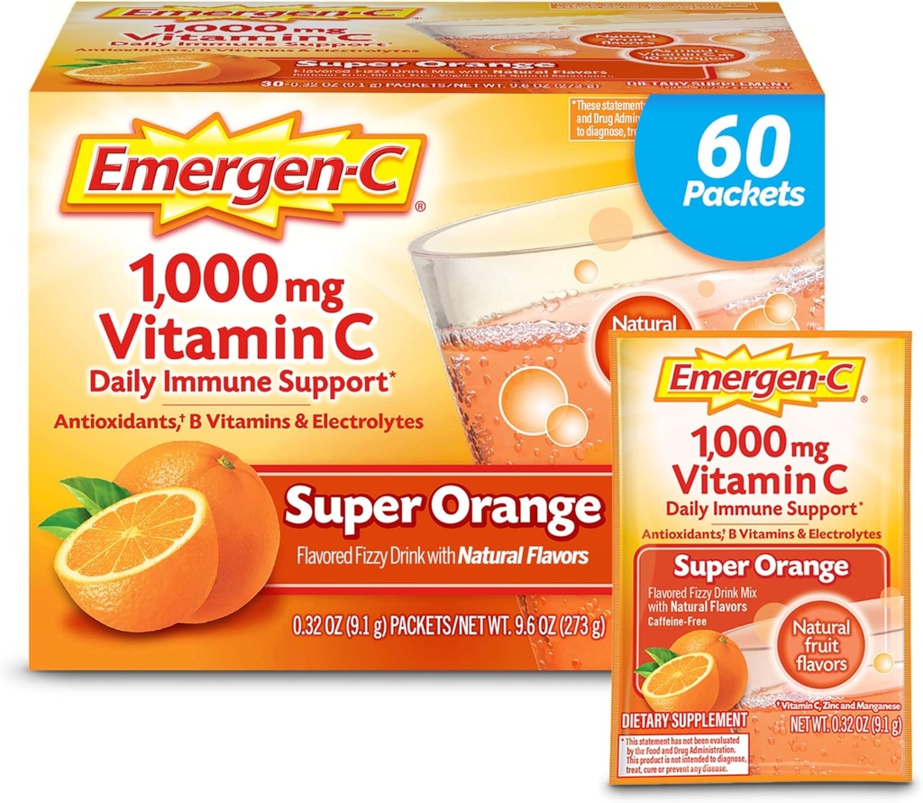 Emergen- C 100mg Vitamin C Powder untuk Daily Imune Dukung Caffeine Free Vitamin C Suplemen dengan Zinc dan Manganese, B Vitamin dan Electrolites, Super Orange Flavor - 60 Count / 2 Bulan Suppply