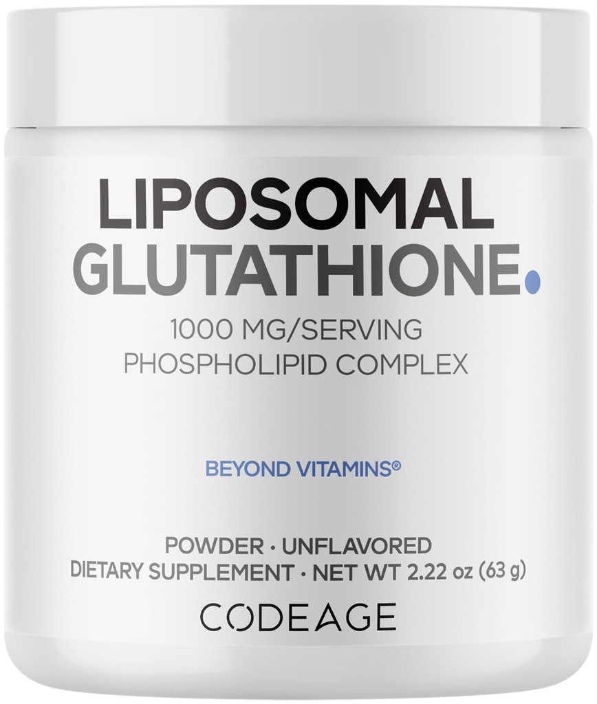 Codeage Liposomal Glutathione Powder - 1,000 mg Vegan Reduced L- Glutathione per Serving, Pengiriman Lipomal - 2-Bulan Supply - Phospholipid - Non-GMO Gluten- Free - 2.22 Oz